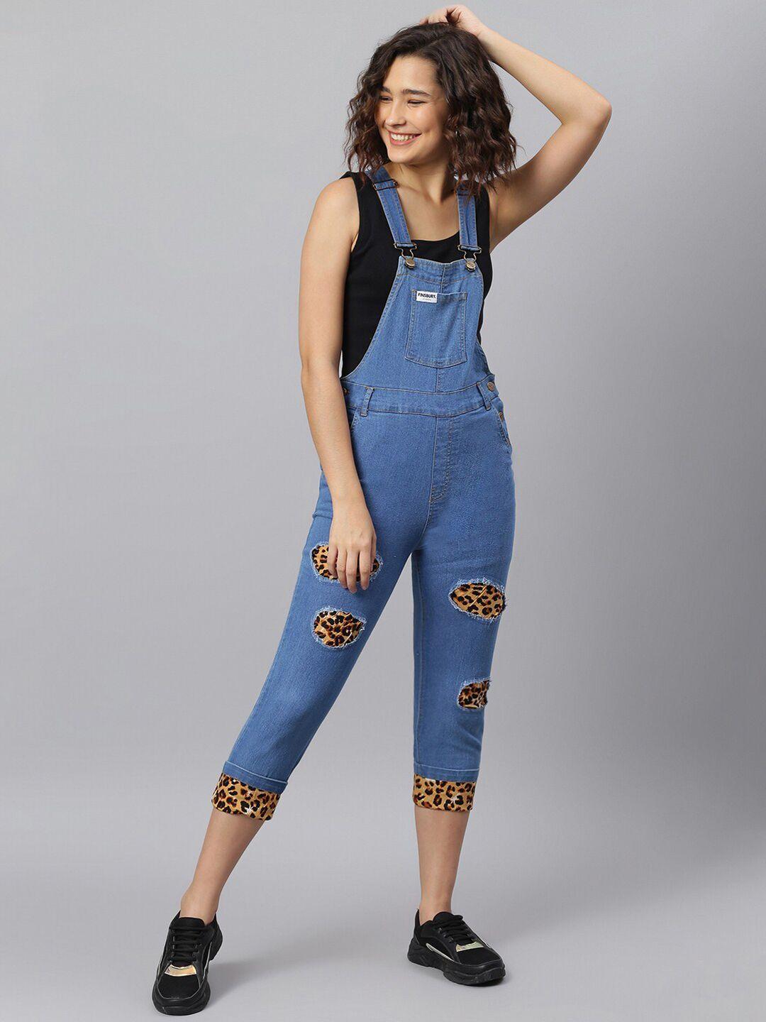 finsbury london women blue solid slim-fit cotton dungarees