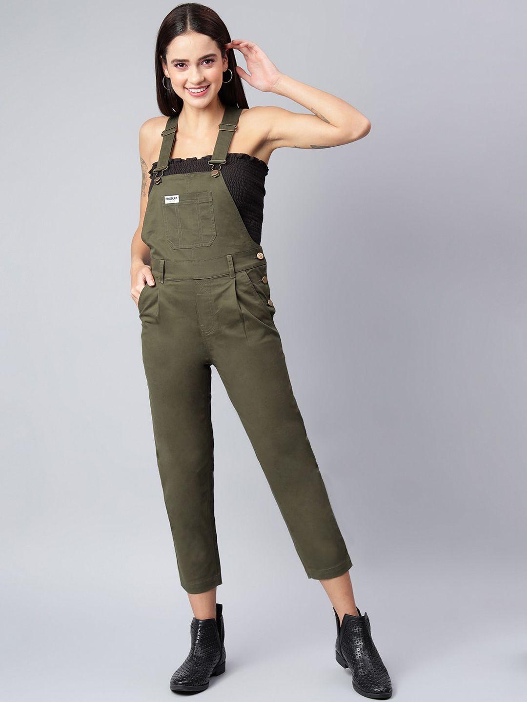 finsbury london women green solid twill dungarees