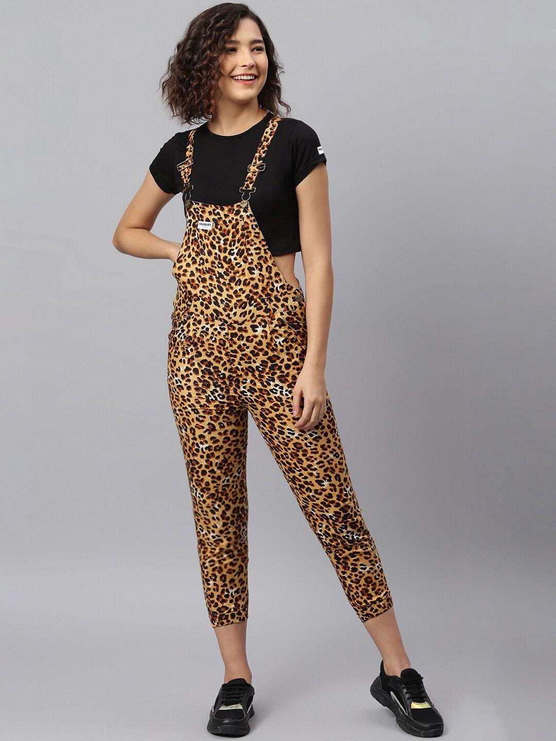 finsbury london women leopard printed straight leg cotton dungaree with t-shirt