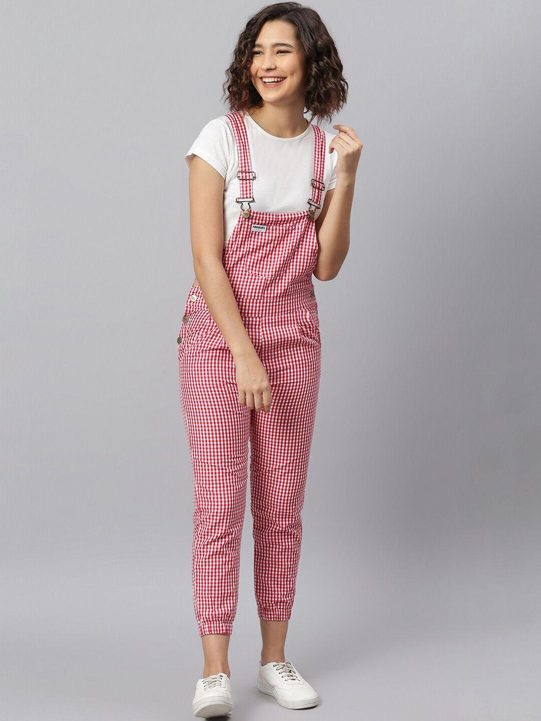 finsbury london women red & white checked dungarees