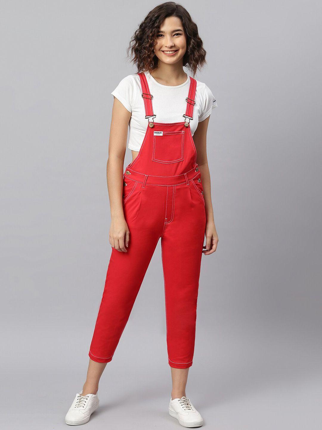 finsbury london women red solid cotton straight leg dungarees
