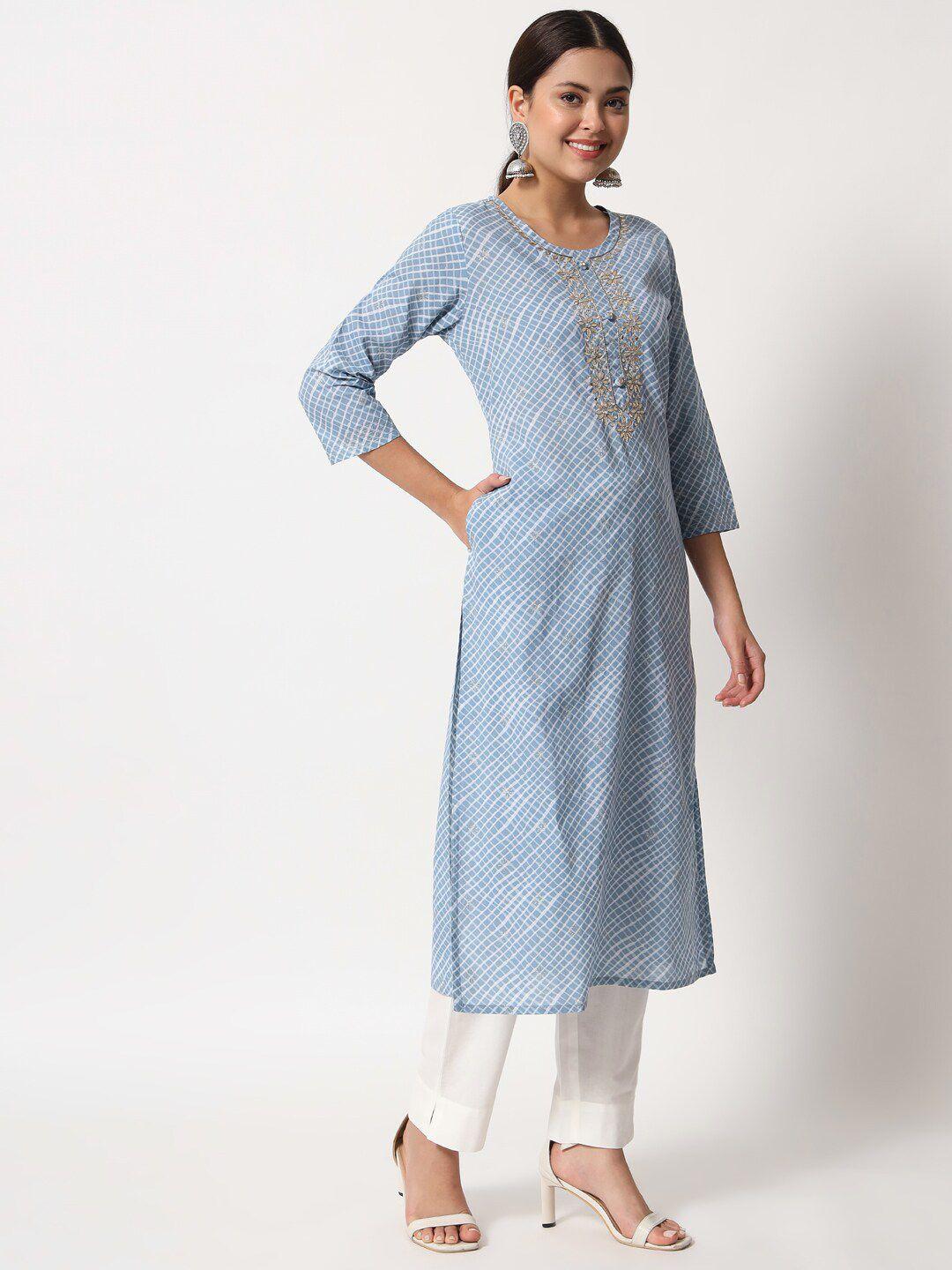 fiorra women blue printed thread work pure cotton kurta with trousers