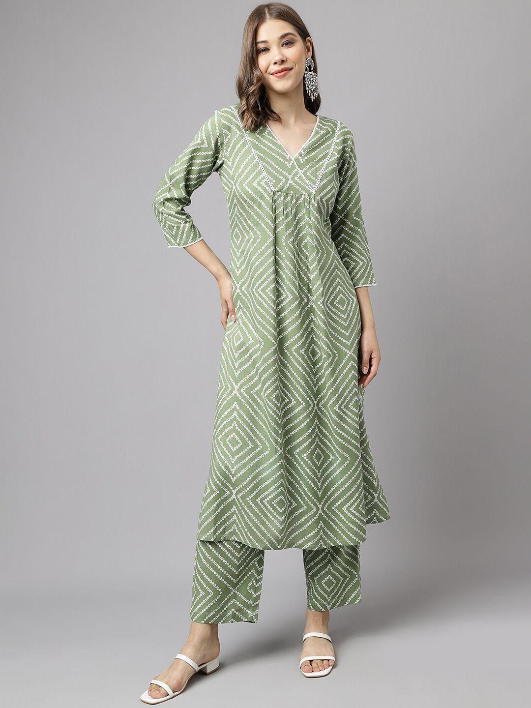 fiorra women green bandhani striped regular kurta with trousers