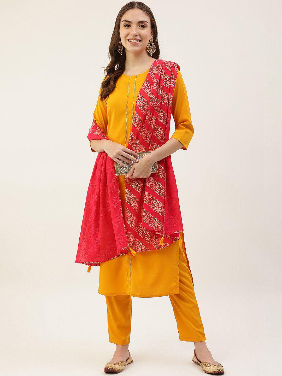 fiorra women solid poly crepe straight kurta with trousers & with dupatta