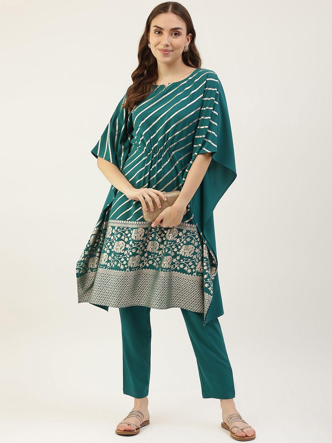 fiorra women teal floral printed kurta with trousers
