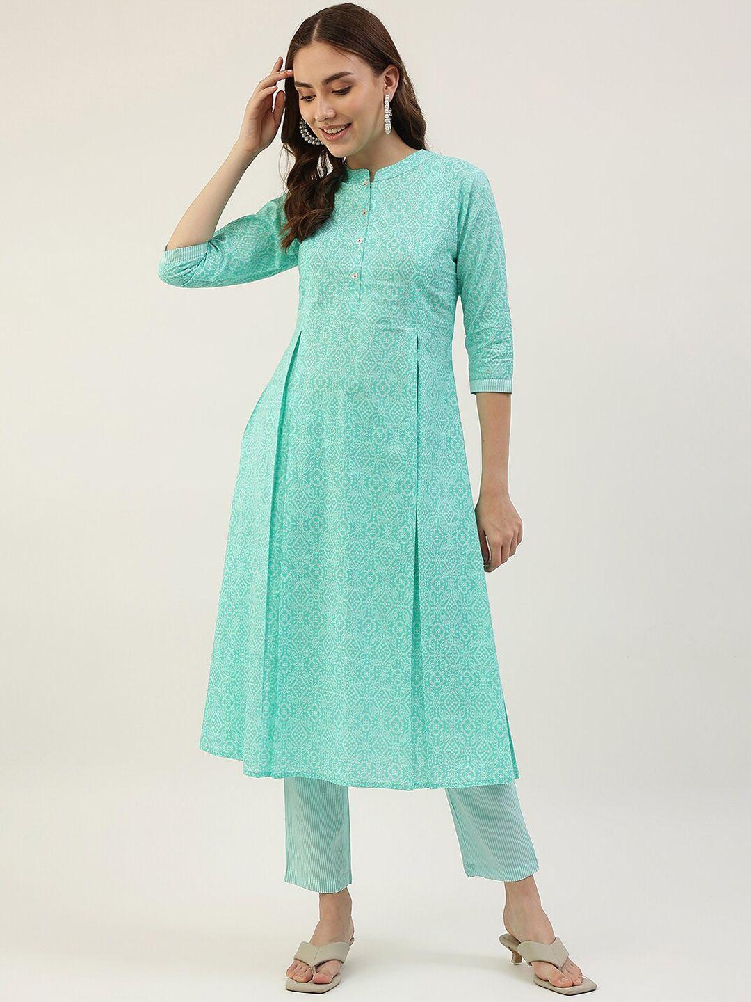fiorra women turquoise blue printed pure cotton kurta with trousers
