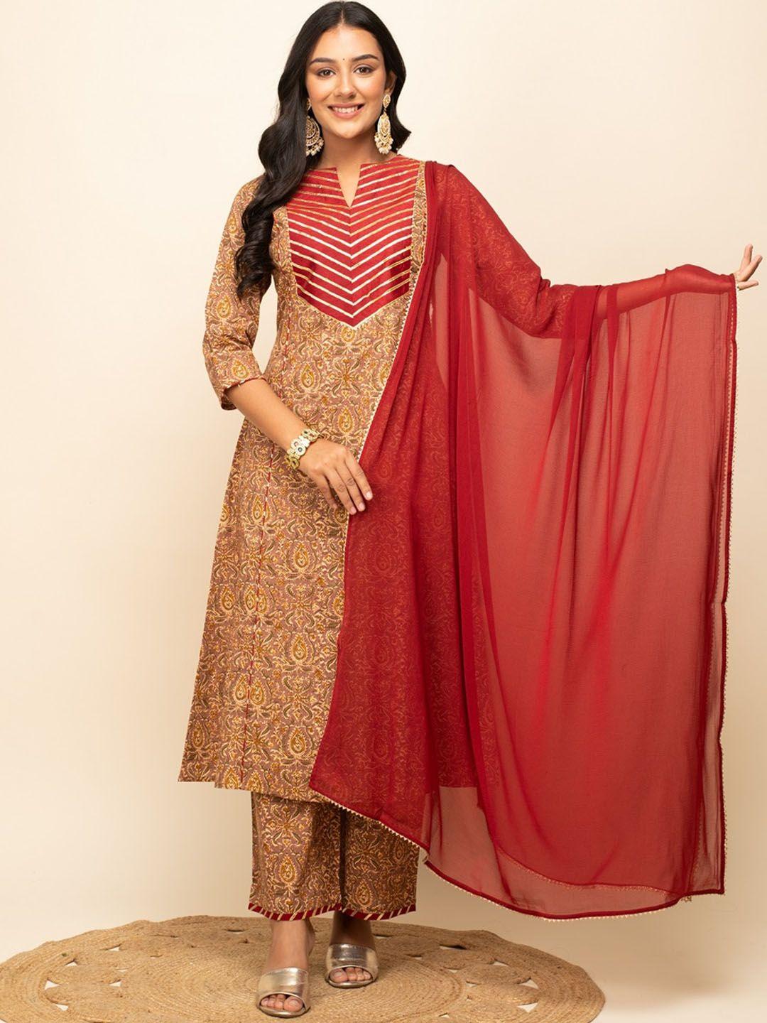 fiorra ethnic motifs printed gotta patti pure cotton a-line kurta with trousers & dupatta