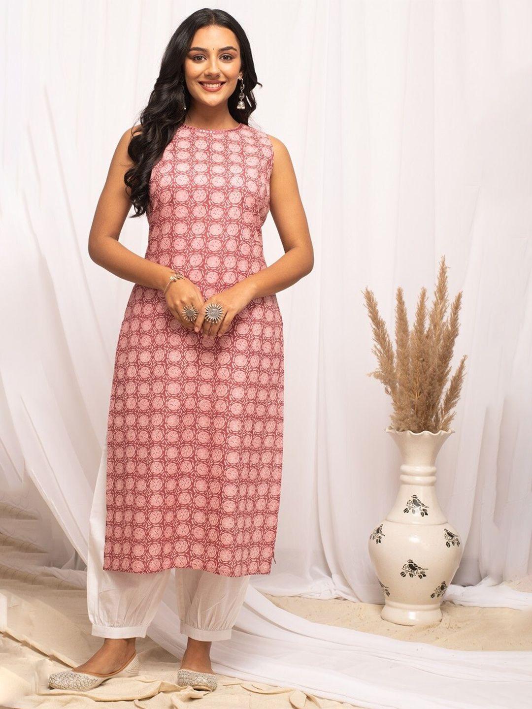fiorra ethnic motifs printed mirror work sleeveless pure cotton kurta