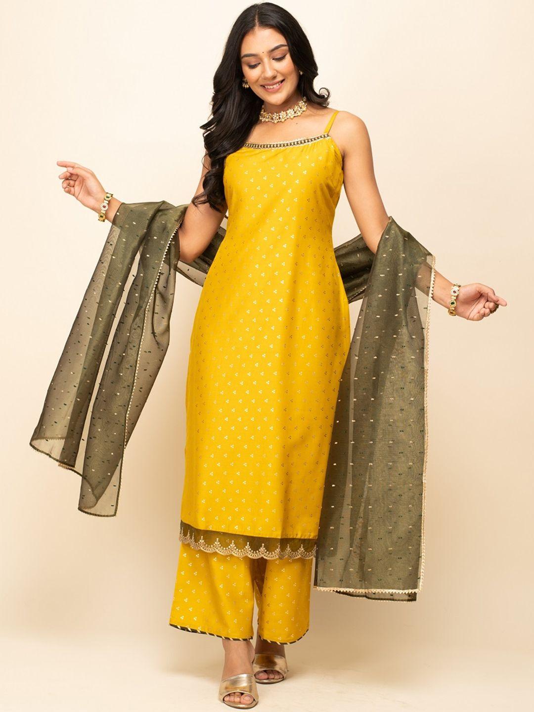 fiorra ethnic motifs printed shoulder straps zari straight kurta with palazzos & dupatta