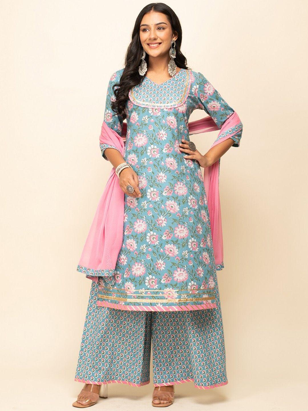 fiorra floral printed gotta patti pure cotton kurta with palazzos & dupatta