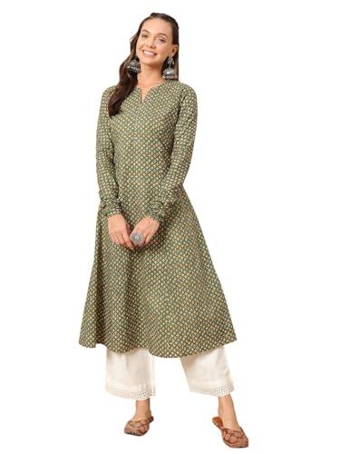 fiorra women's floral printed green cotton a-line kurta far0112