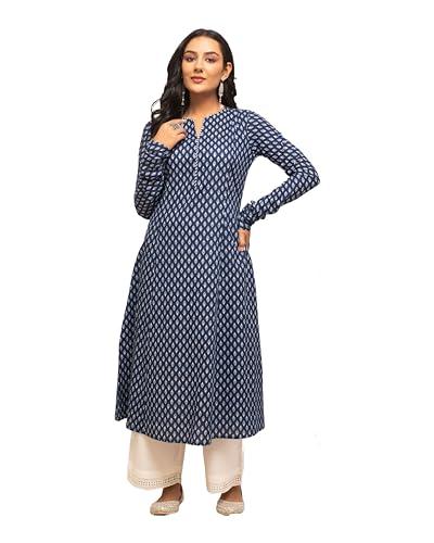 fiorra women's floral printed navy blue cotton a-line kurta far0101