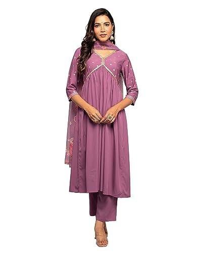 fiorra women's lavender crepe a-line kurta with pant and dupatta set0107