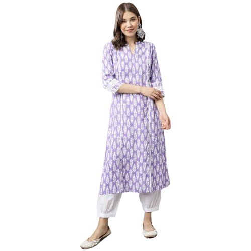 fiorra women's light purple cotton a-line kurta with pant set0098