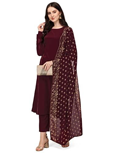 fiorra women's maroon poly crepe straight kurta with pant and dupatta set0058-2xl