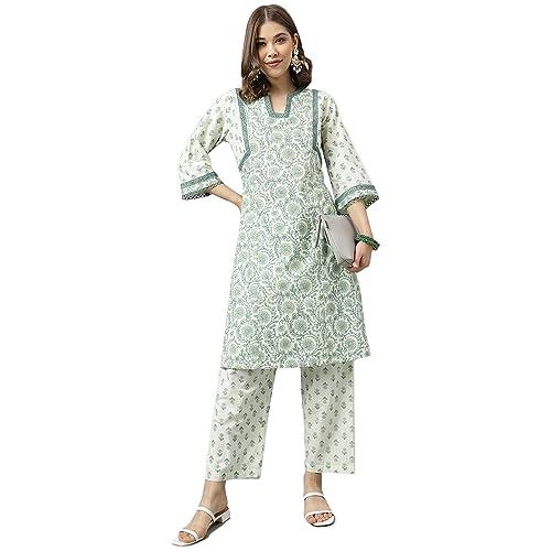 fiorra women's mint green pure cotton a-line kurta with pant set0100