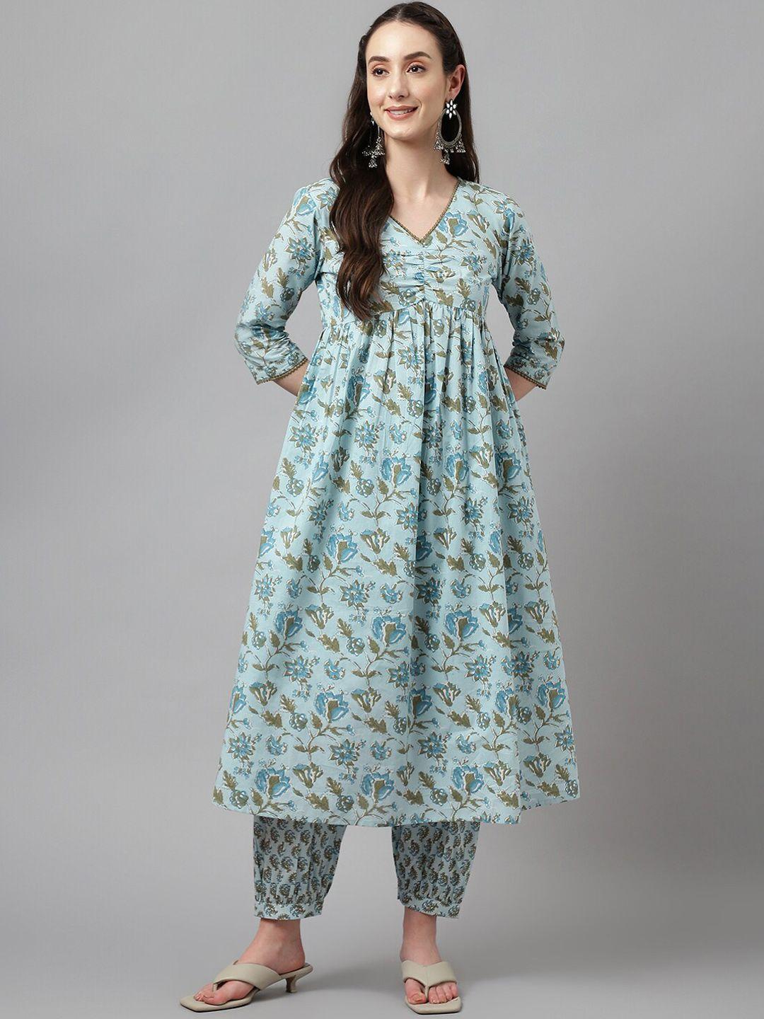 fiorra women blue floral printed regular pure cotton kurta with trousers