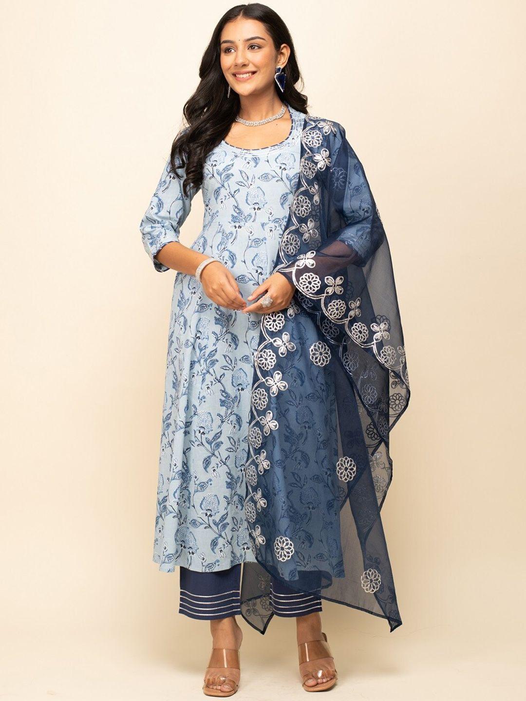 fiorra women blue printed regular pure cotton kurta with trousers & with dupatta