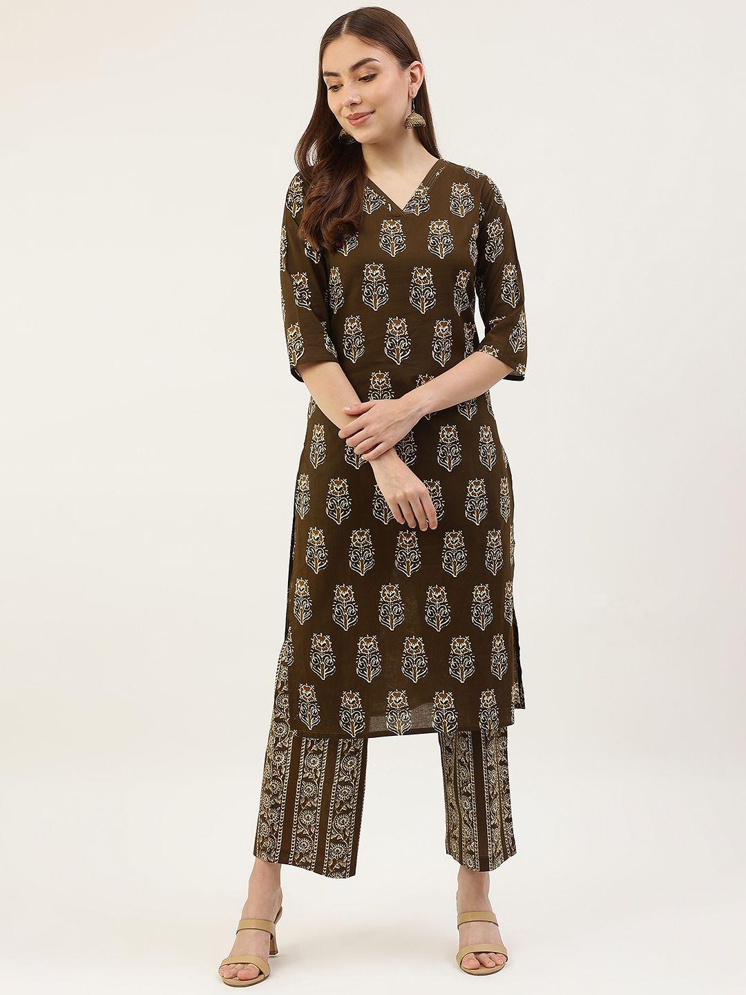 fiorra women brown floral printed pure cotton kurti with trousers