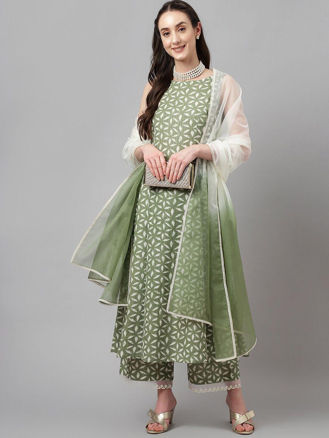 fiorra women green floral printed regular pure cotton kurta with palazzos & with dupatta