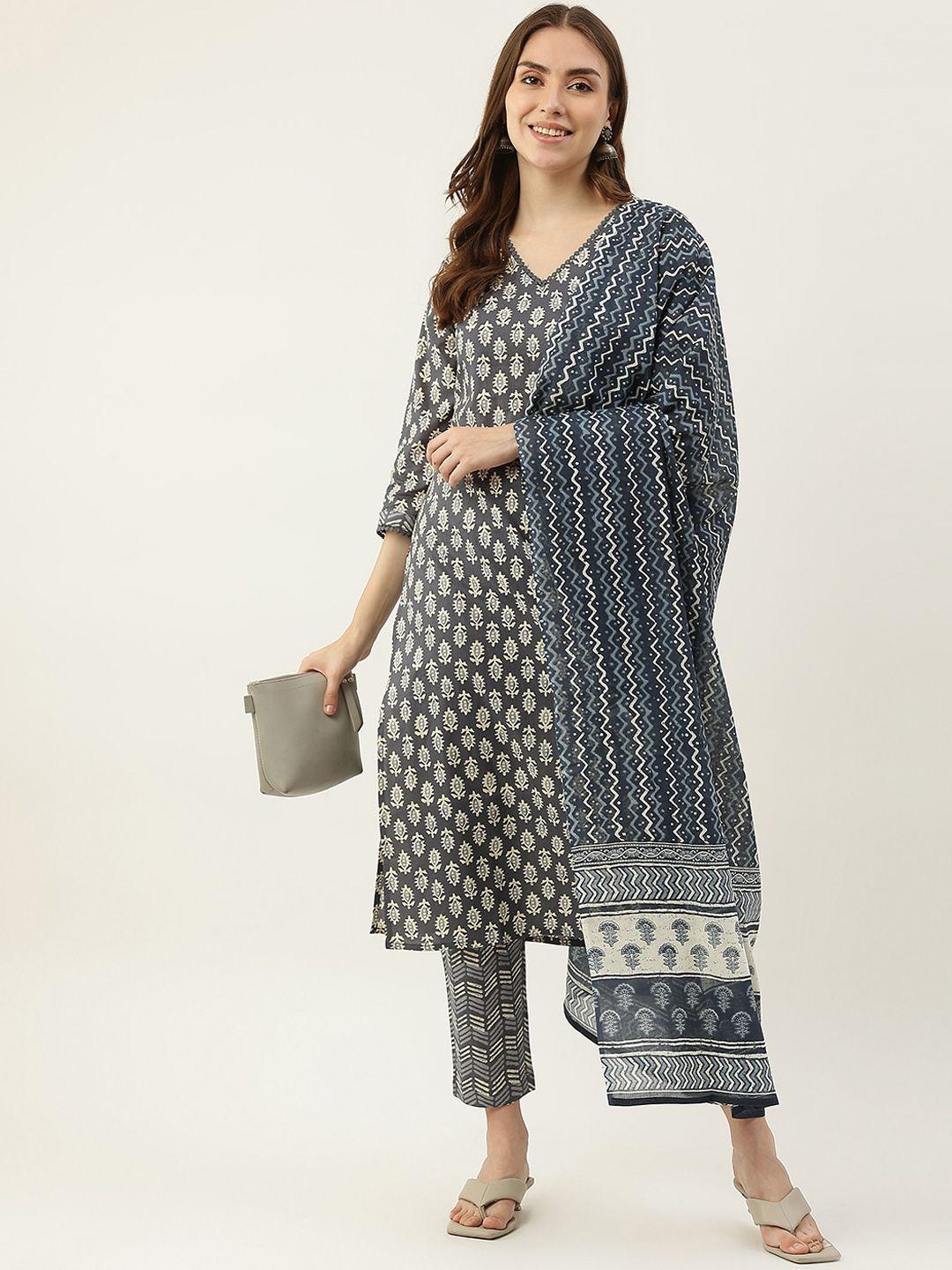 fiorra women grey ethnic motifs printed pure cotton kurti with trousers & with dupatta