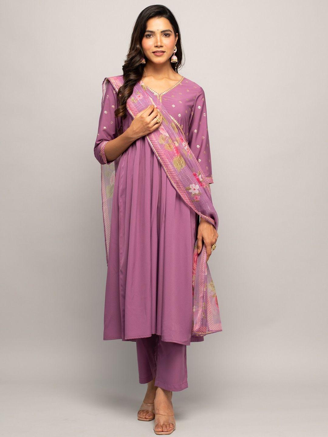 fiorra women lavender floral printed high slit gotta patti kurta with trousers & with dupatta