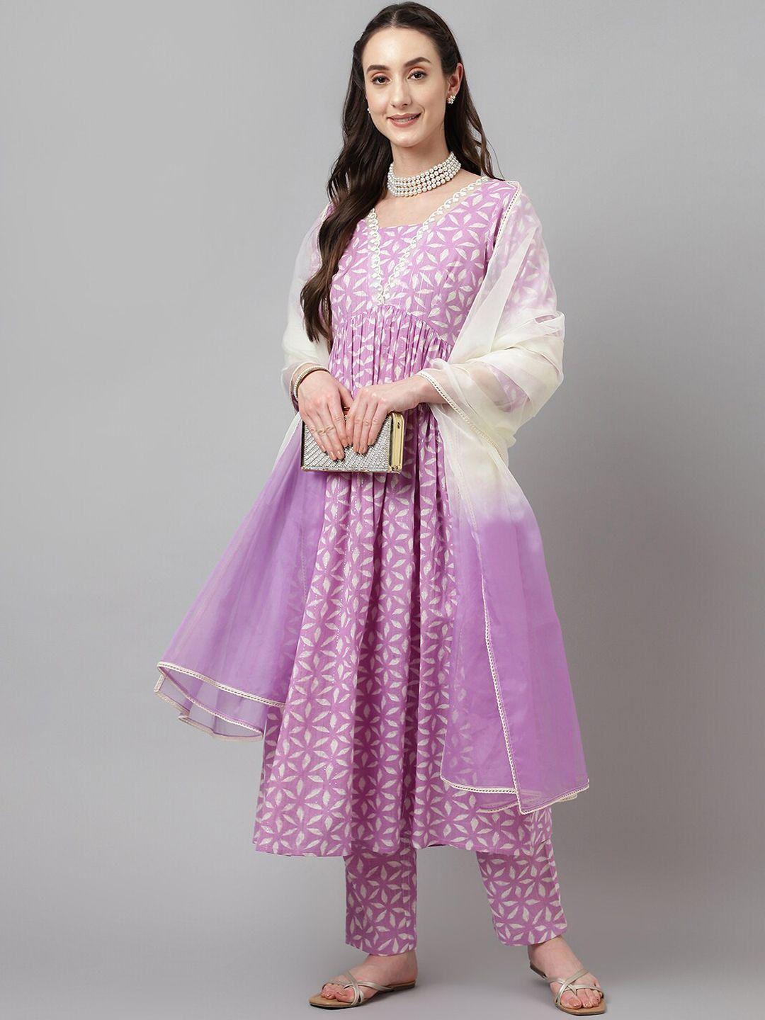 fiorra women lavender floral printed regular pure cotton kurta with trousers & with dupatta