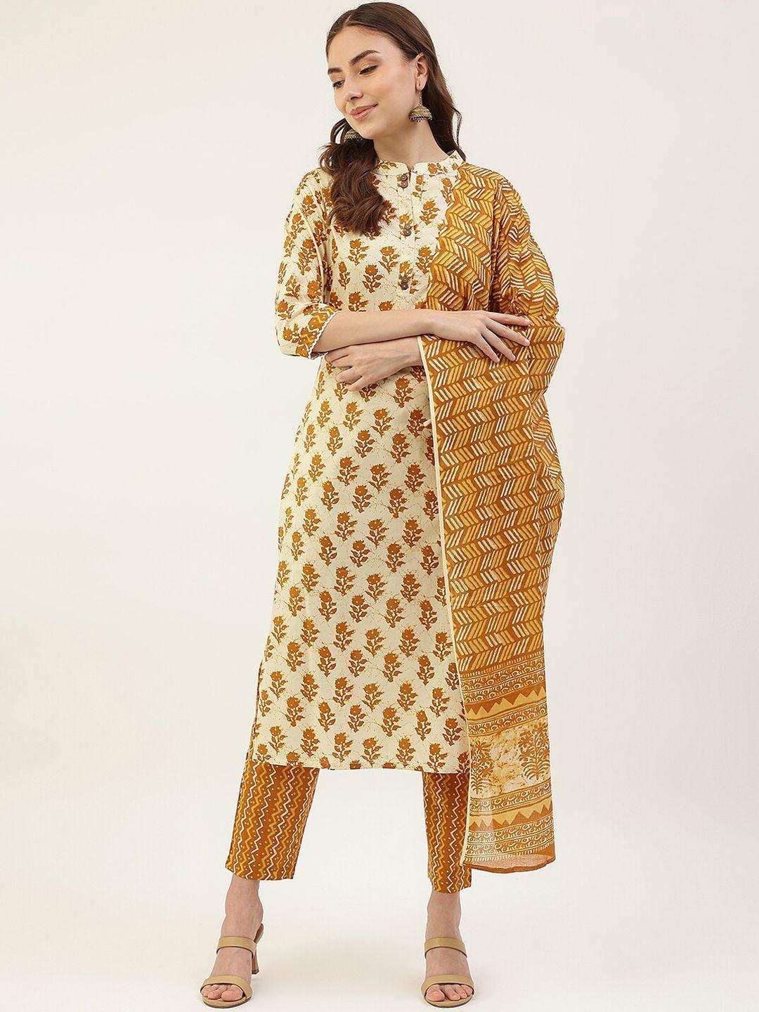 fiorra women mustard yellow ethnic motifs printed pure cotton kurta with trousers & with dupatta