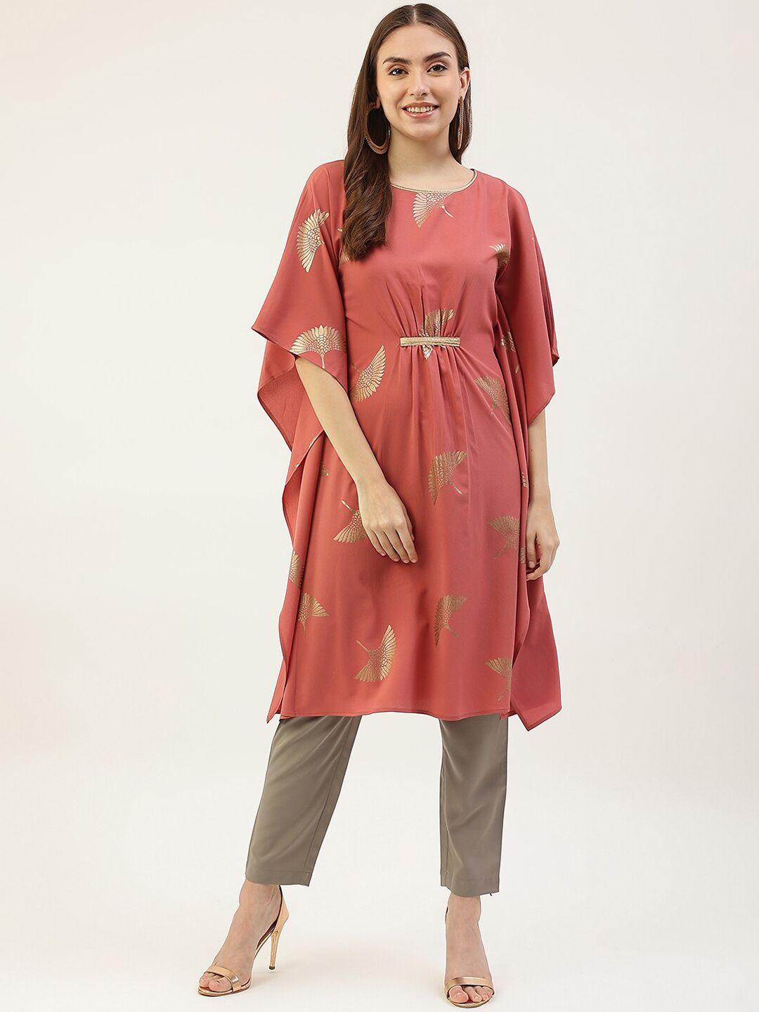 fiorra women peach-coloured floral printed kurta with trousers