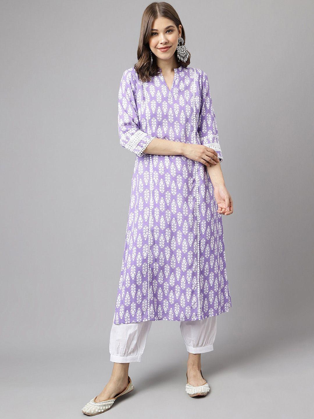 fiorra women purple printed regular pure cotton kurta with trousers