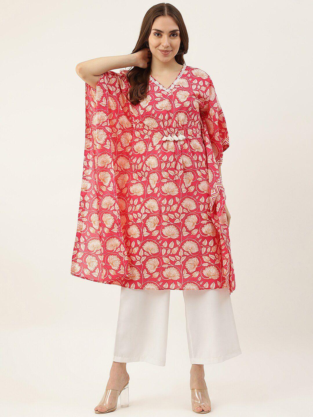 fiorra women red & peach-coloured floral printed flared sleeves floral kaftan kurta