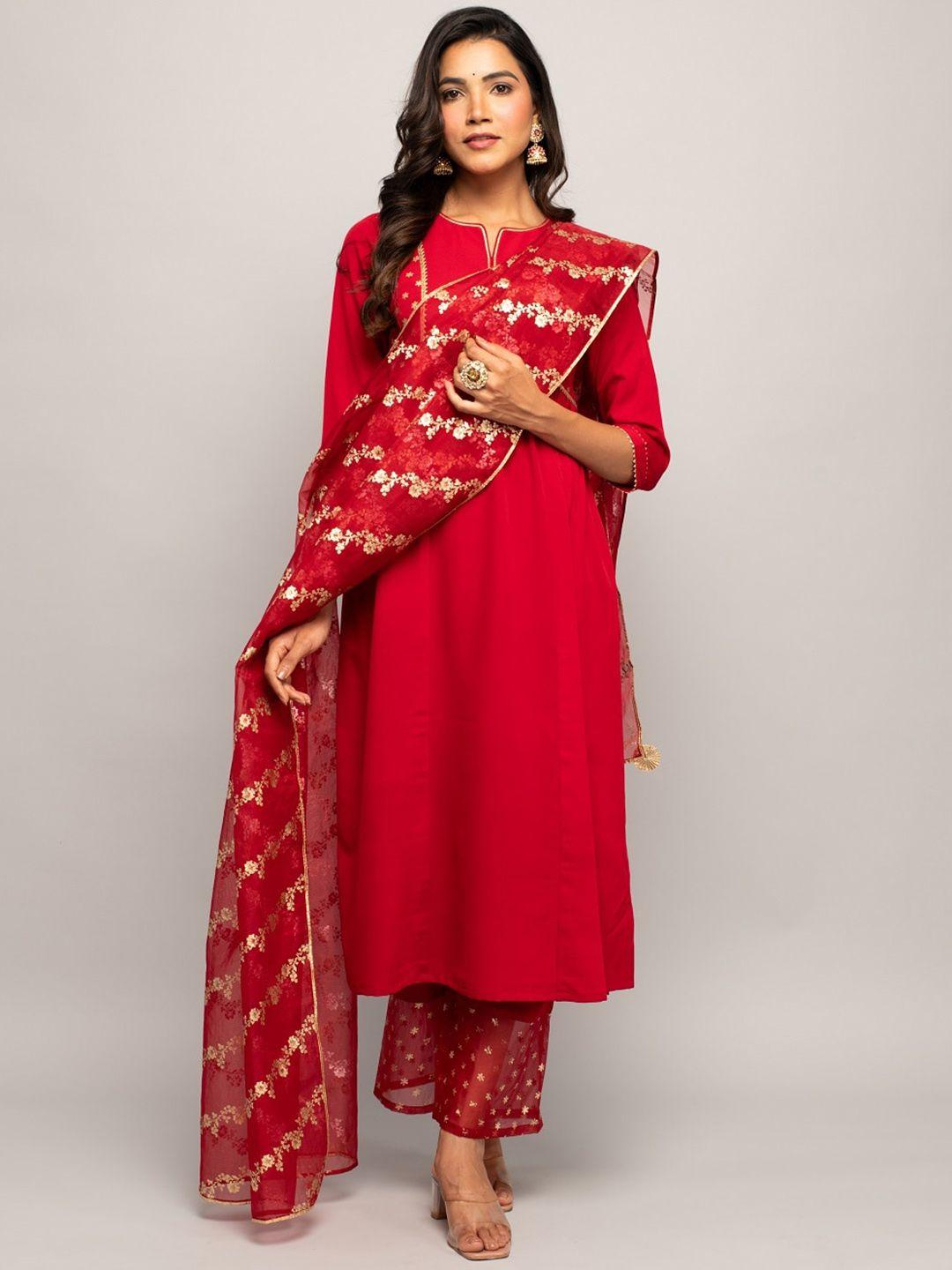 fiorra women red ethnic motifs yoke design regular kurta with palazzos & with dupatta