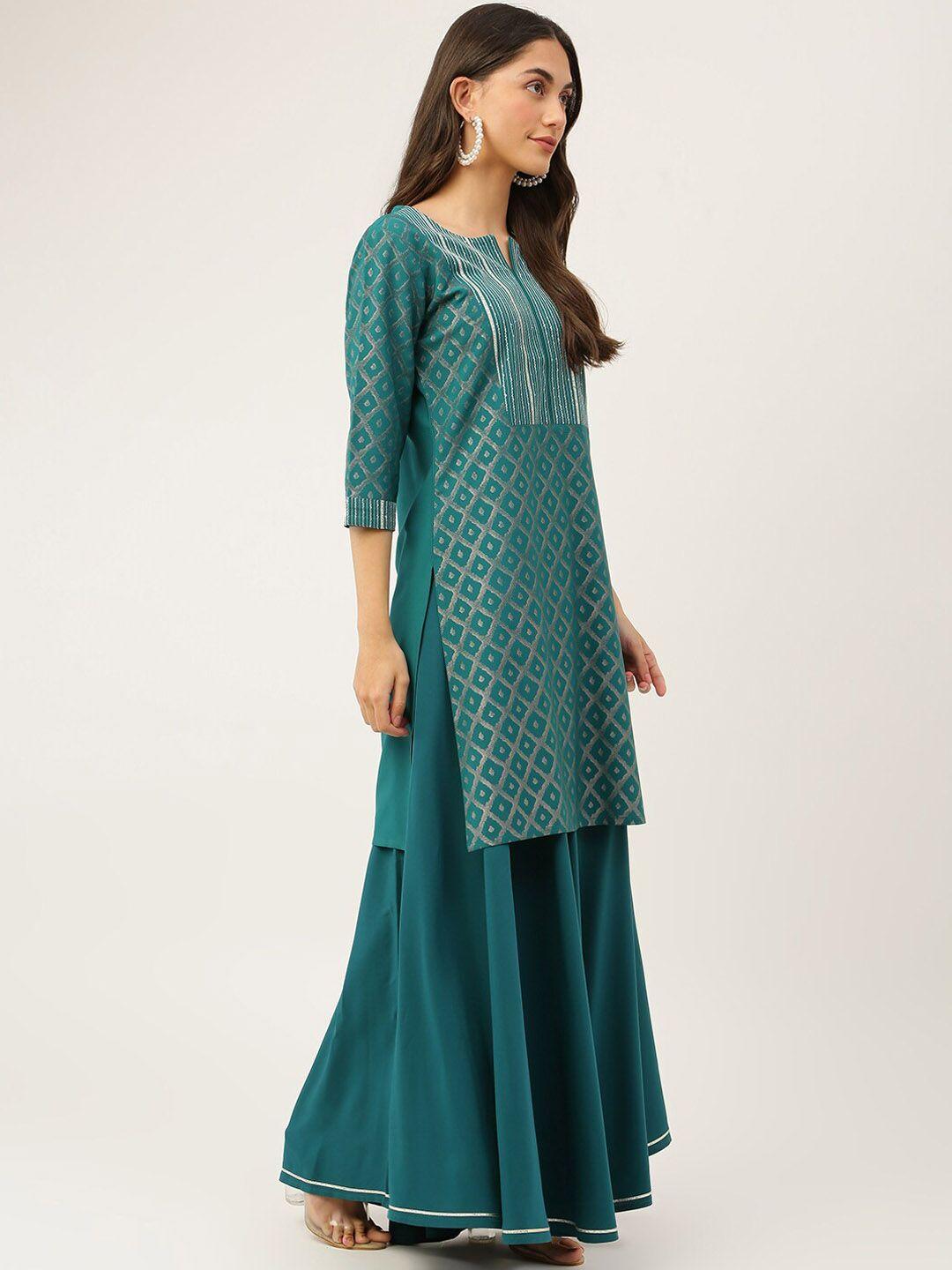 fiorra women teal printed kurta with skirt & with dupatta