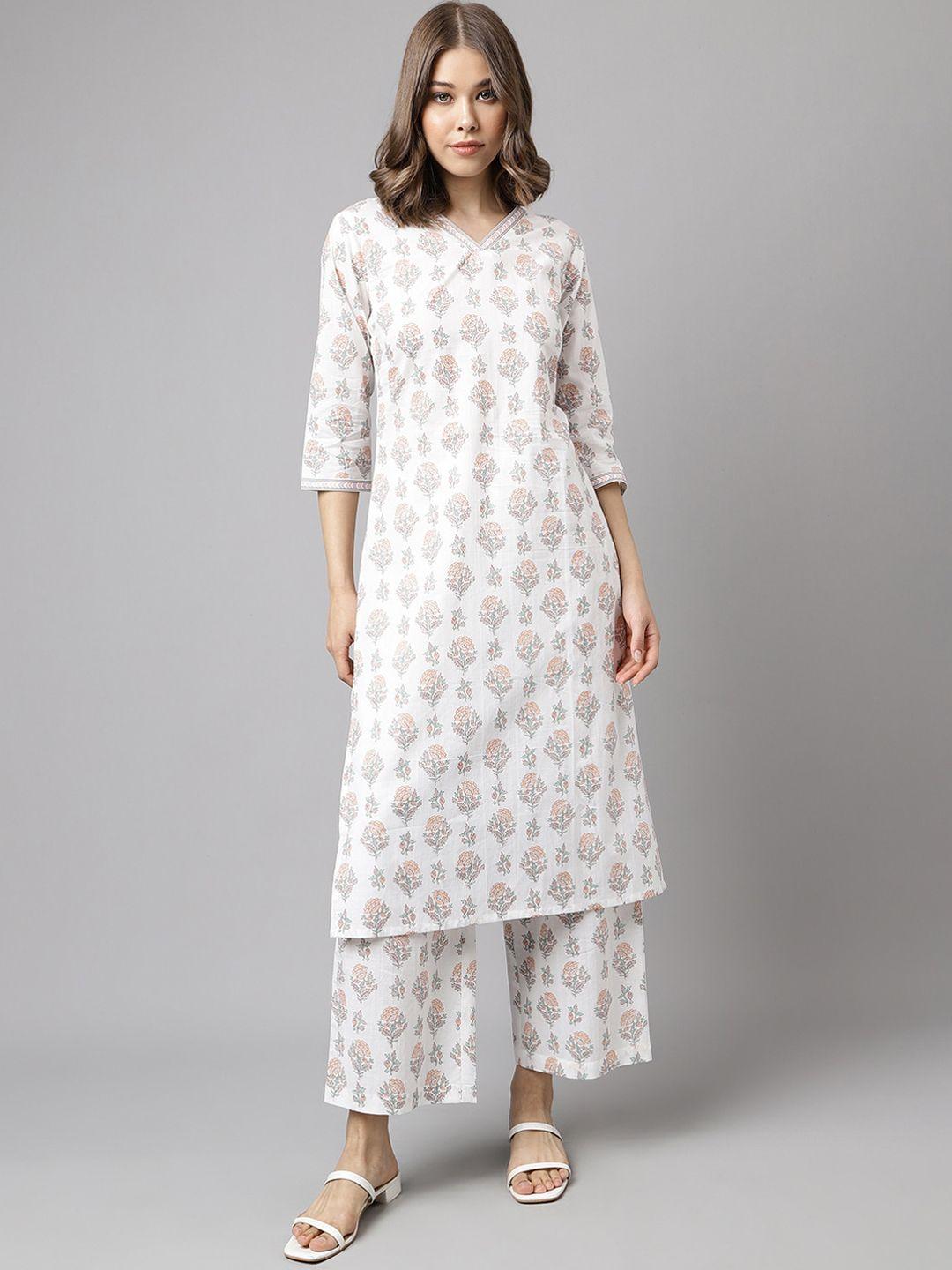 fiorra women white printed regular pure cotton kurta with palazzos