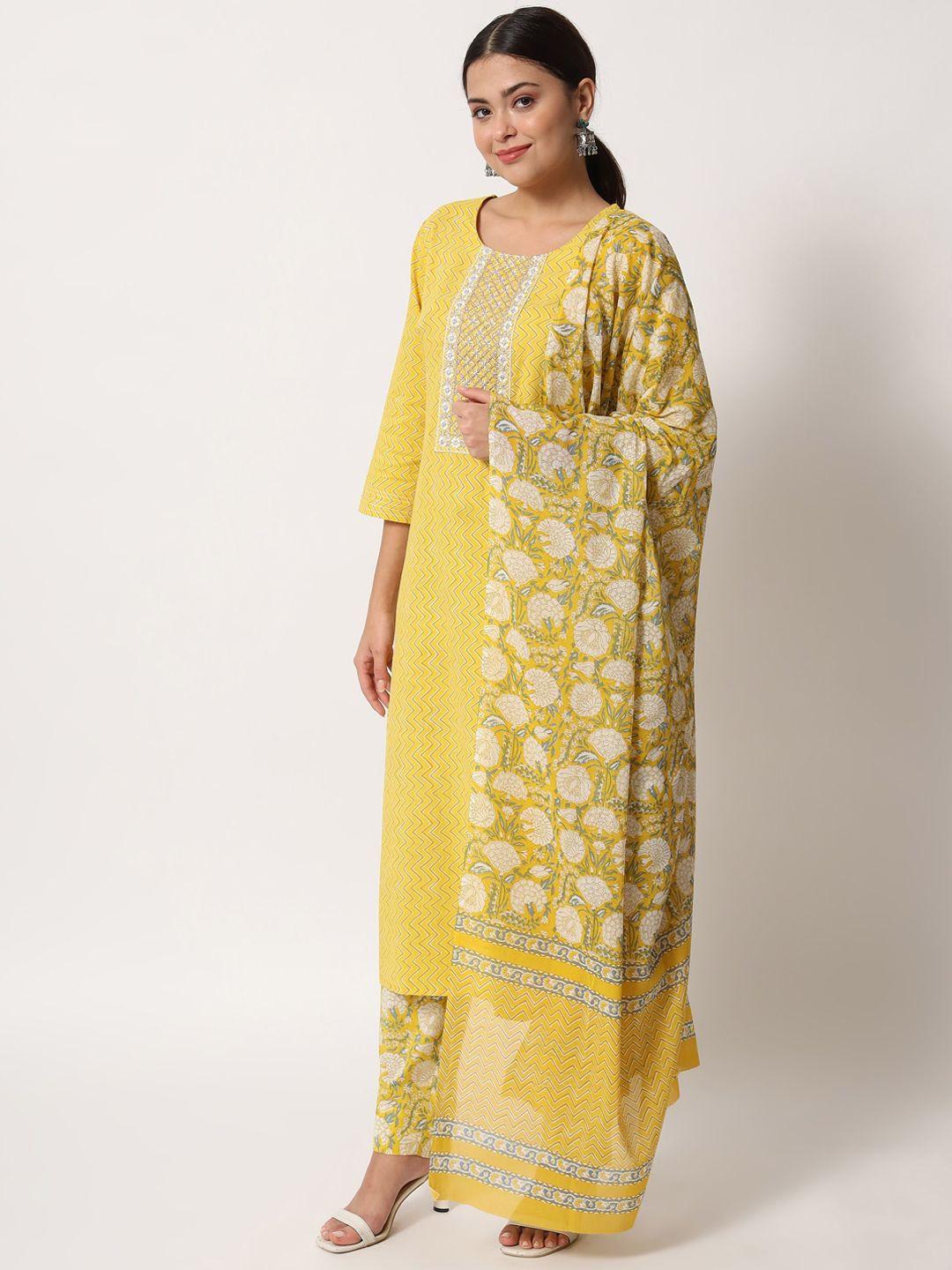 fiorra women yellow floral printed pure cotton kurta with trousers & with dupatta