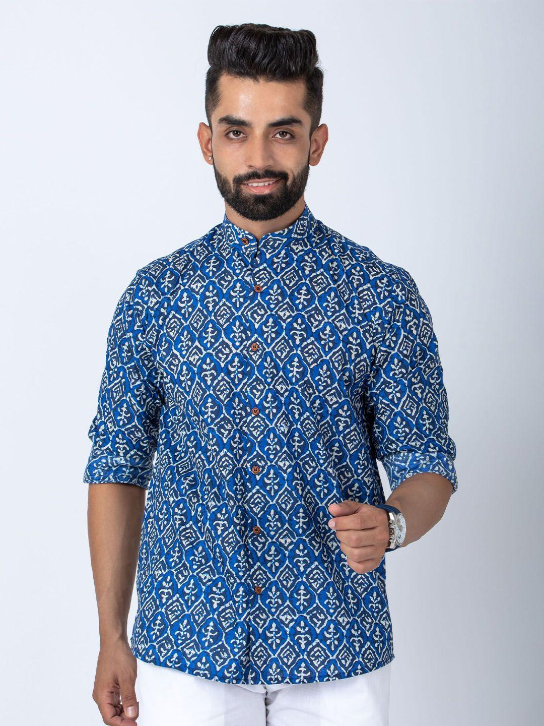 firangi yarn blue regular fit printed cotton casual shirt