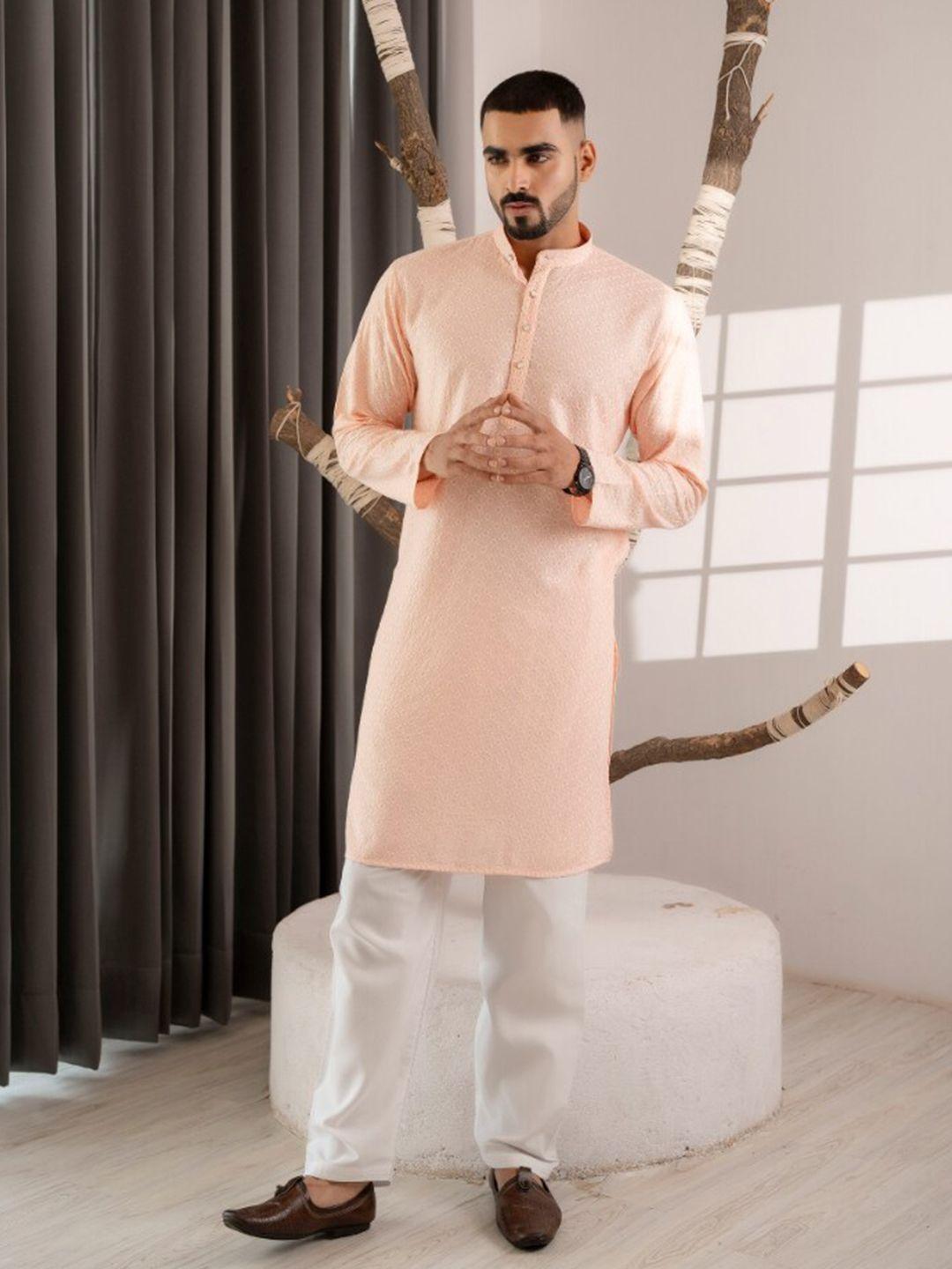 firangi yarn men peach-coloured striped keyhole neck thread work quirky kurta