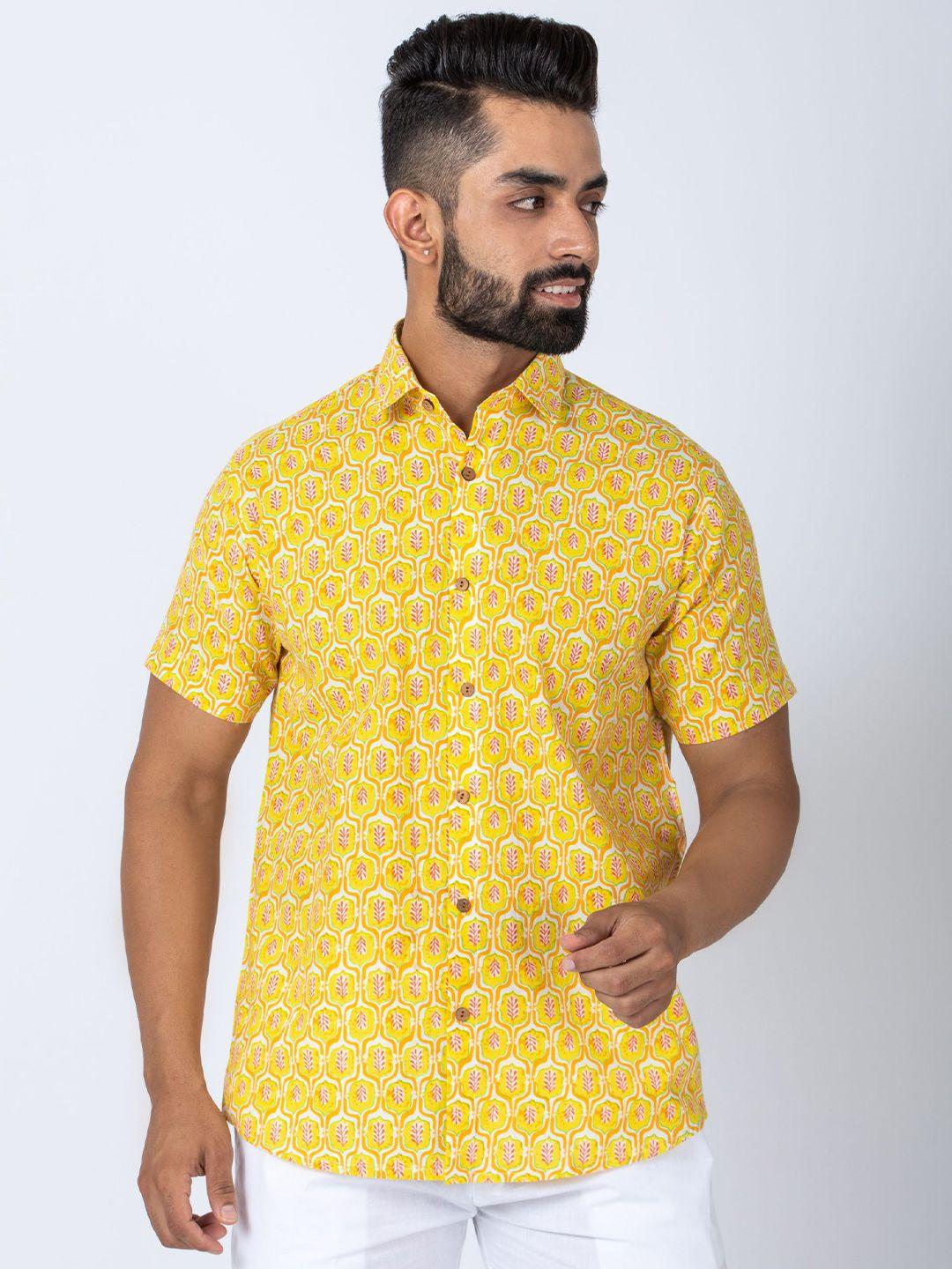firangi yarn men yellow & white floral  printed casual shirt