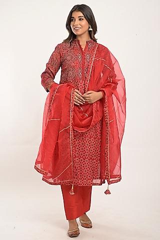 fire brick printed kurta set