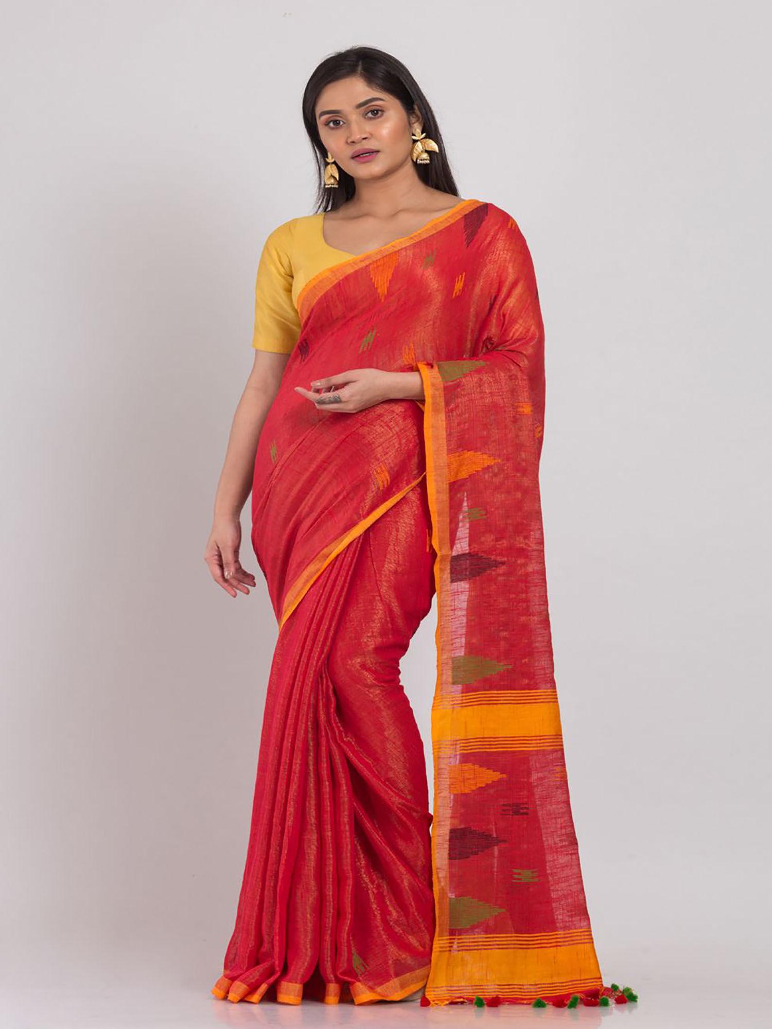 fire red soft cotton silk handloom saree with unstitched blouse