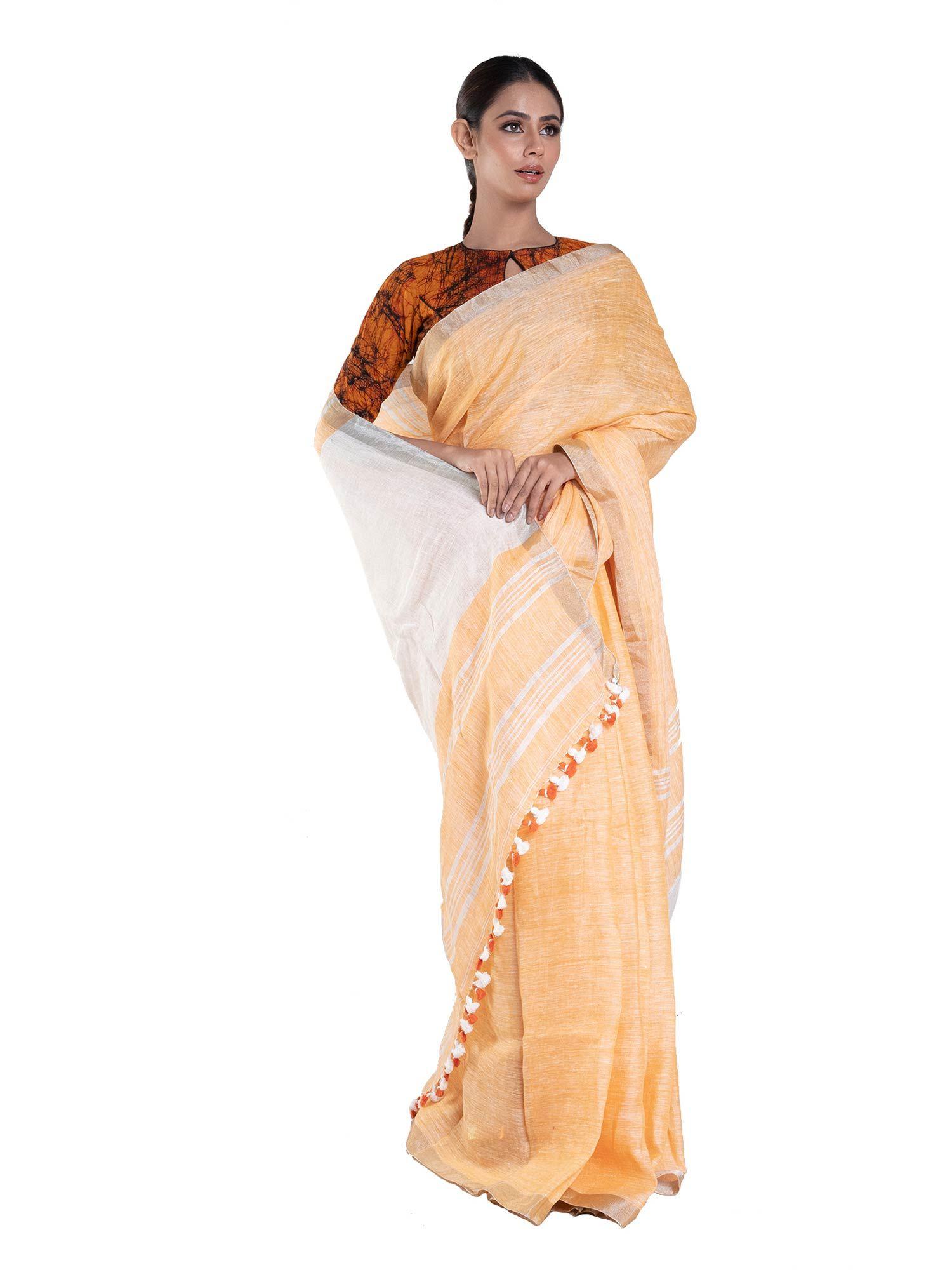 fire yellow handloom linen saree with zari border with unstitched blouse