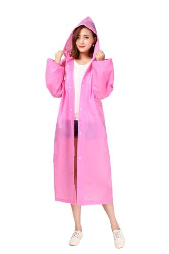 firmed string raincoat for women-pvc material transparent waterproof reuseable rainwear with functional pockets, adjustable hood and carrying pouch (pink) |xl|