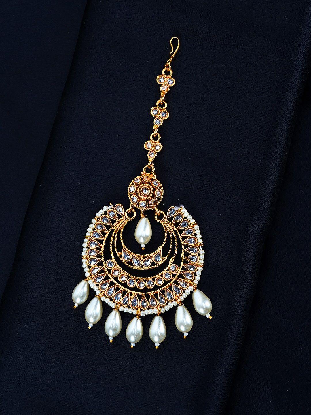 firoza antique gold-toned & white stone-studded & beaded crescent-shaped maang tika