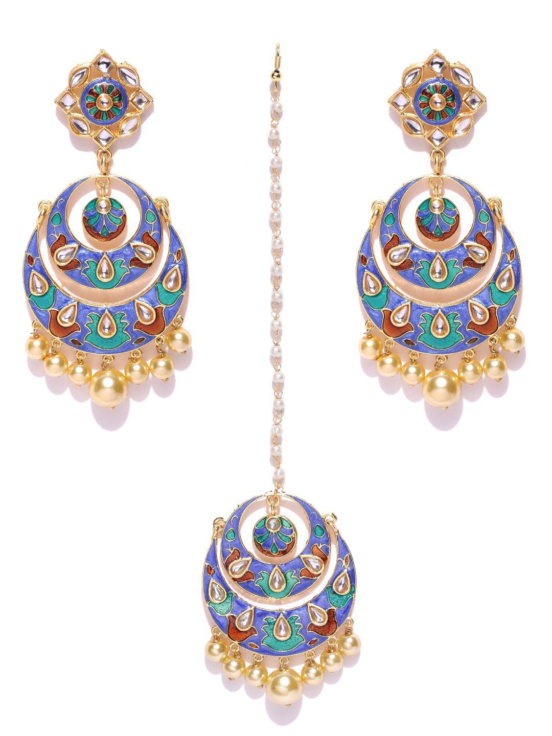 firoza blue & gold-toned handpainted kundan stone-studded jewellery set