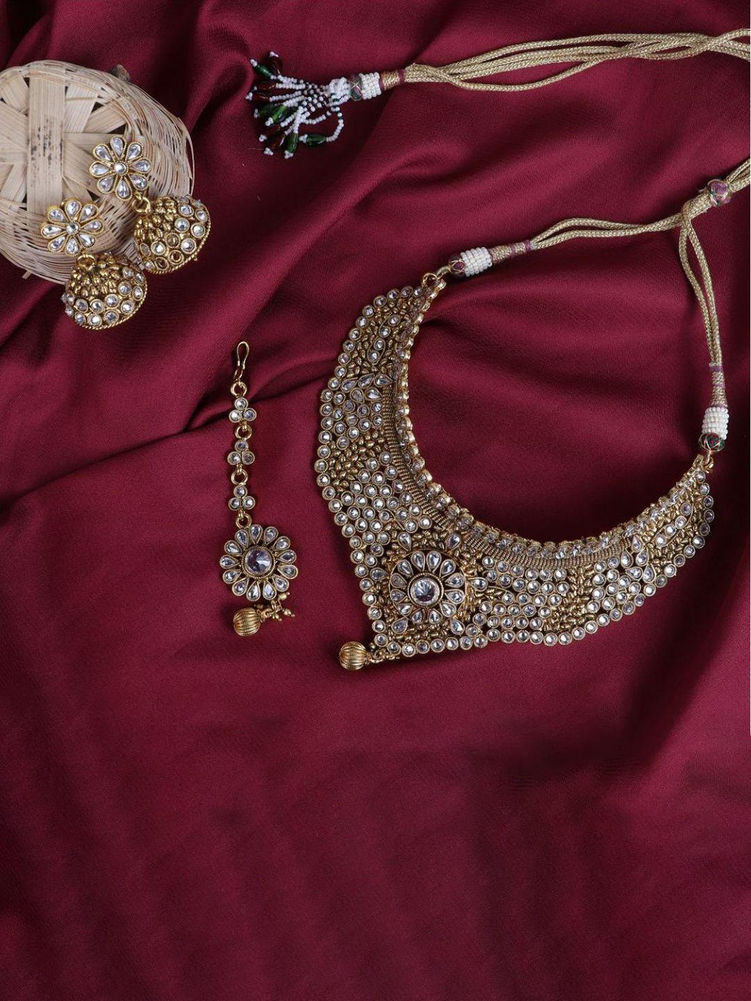firoza gold-plated crystal-studded necklace & earrings with maang tika