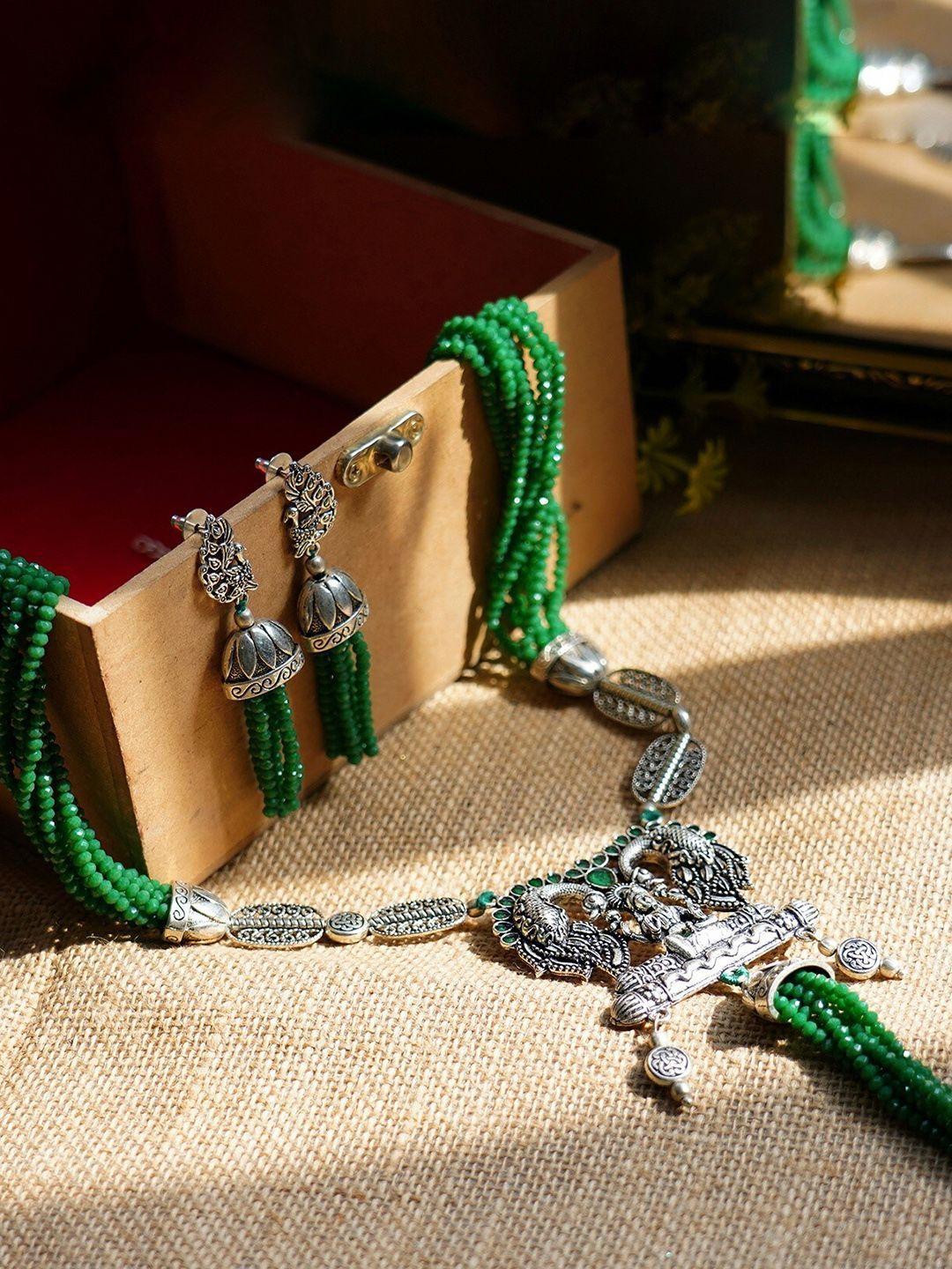 firoza silver-plated & green onyx stone studded & beaded jewellery set