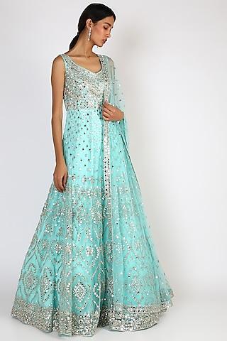 firozi blue embroidered gown with dupatta