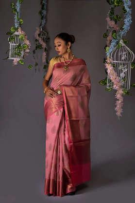 firozi printed antique zari firozi mughal buta banarasi silk saree with blouse piece - pink