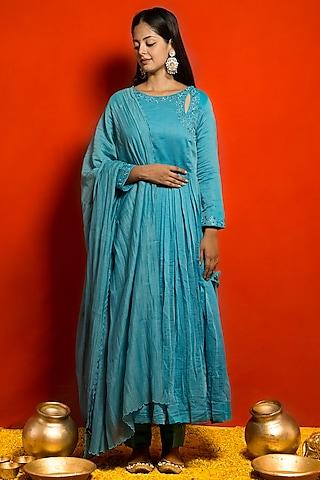 firozi blue pure malai chanderi resham thread embroidered angrakha set