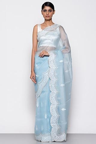 firozi blue pure organza silk boota embroidered handwoven saree set